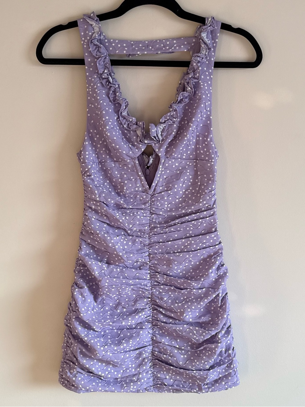 For Love & Lemons Chelsea Purple Polka Dot Ruched Mini Dress XXS